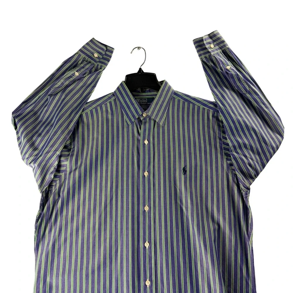 Polo Ralph Lauren Andrew Shirt Mens 16 32/33 Blue Green Striped Cotton Button Up